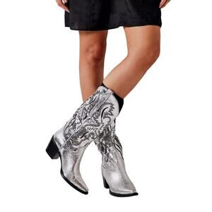 Jeffrey Campbell Dagget Cowboy Western Boots Leather Pointed Toe Silver Size 6.5